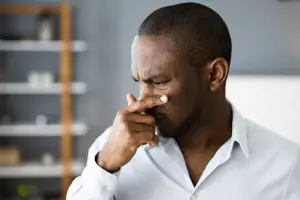 A man in a white shirt pinches his nose