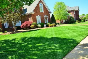Manicured lawn with vibrant green grass and mulch beds borders a brick house
